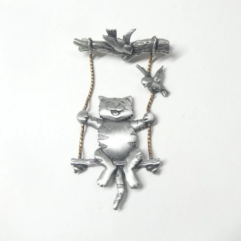 Cat in a Tree Swing Pin Vintage JJ Jonette Brooch Swinging